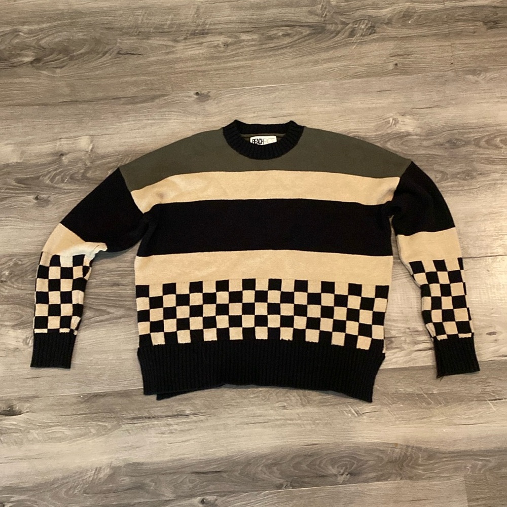 Beach Riot Callie Stripe Checkerboard Sweater in Taupe & Black Check Size Small